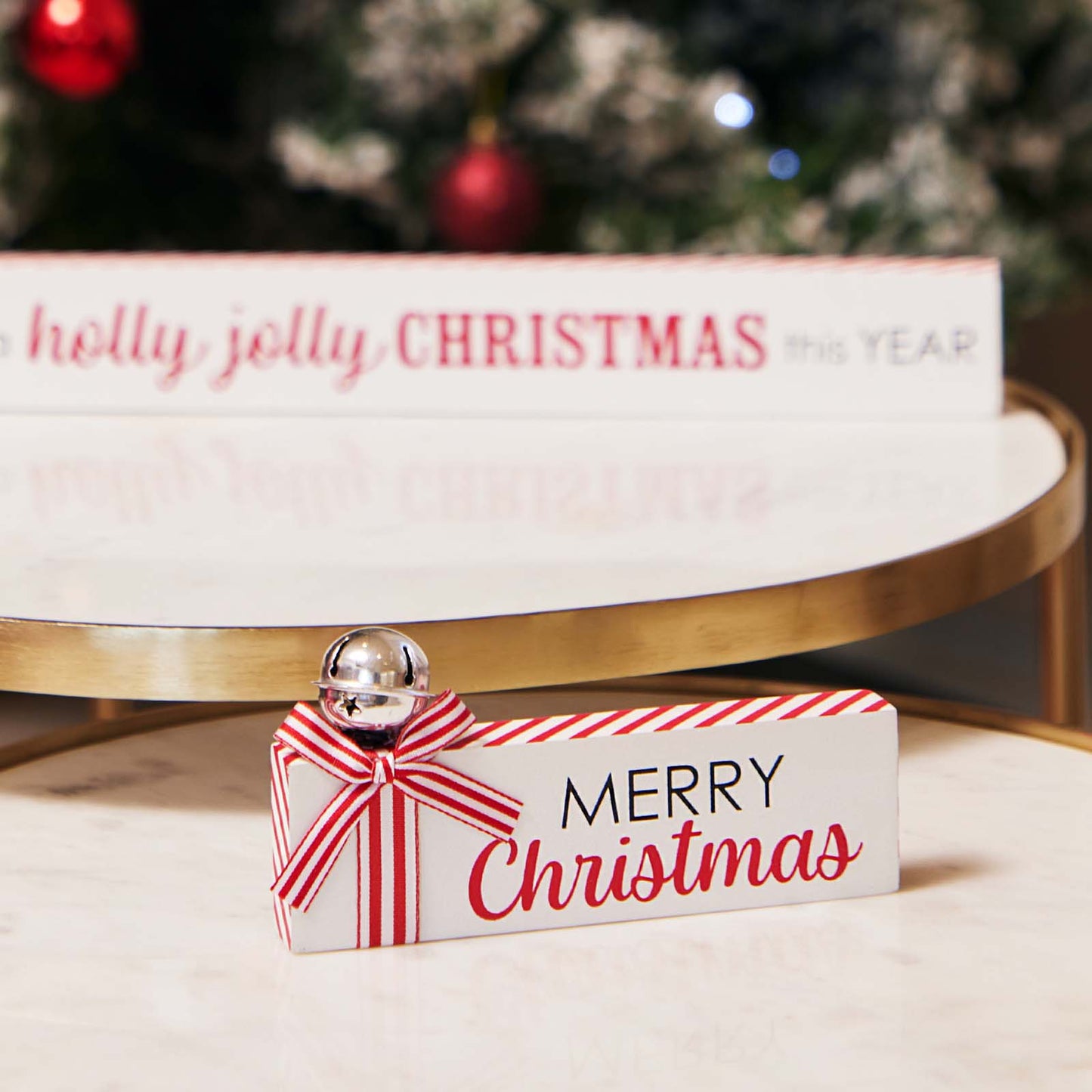 JX6317 | christmas decorations SML Wooden Christmas tabletop signs with bell and candy cane strip bows MERRY CHRISTMAS 15x1.8x7CM