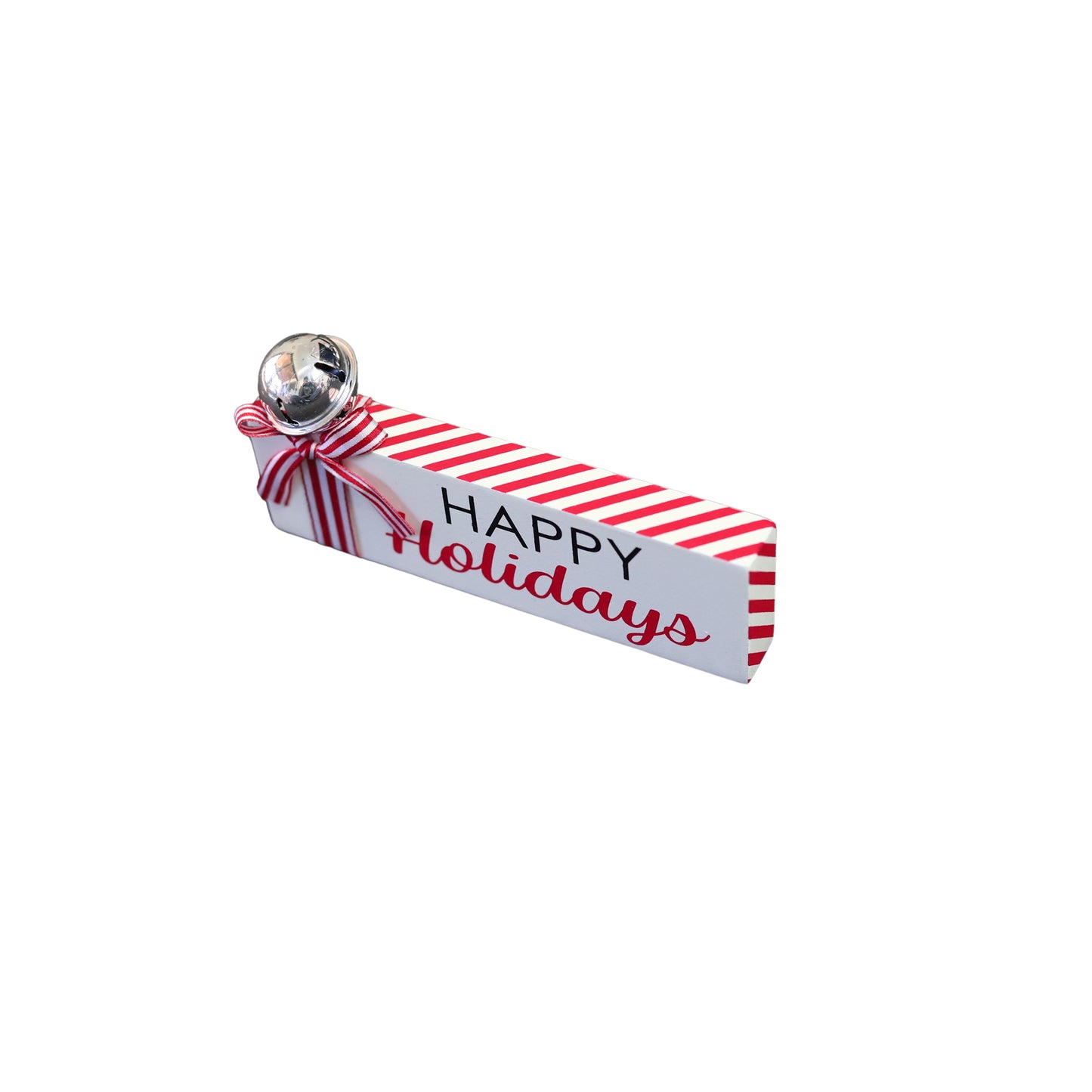 JX6320 | christmas decorations SML Wooden Christmas tabletop signs with bell and candy cane strip bows HAPPY Holidays 15x1.8x7CM
