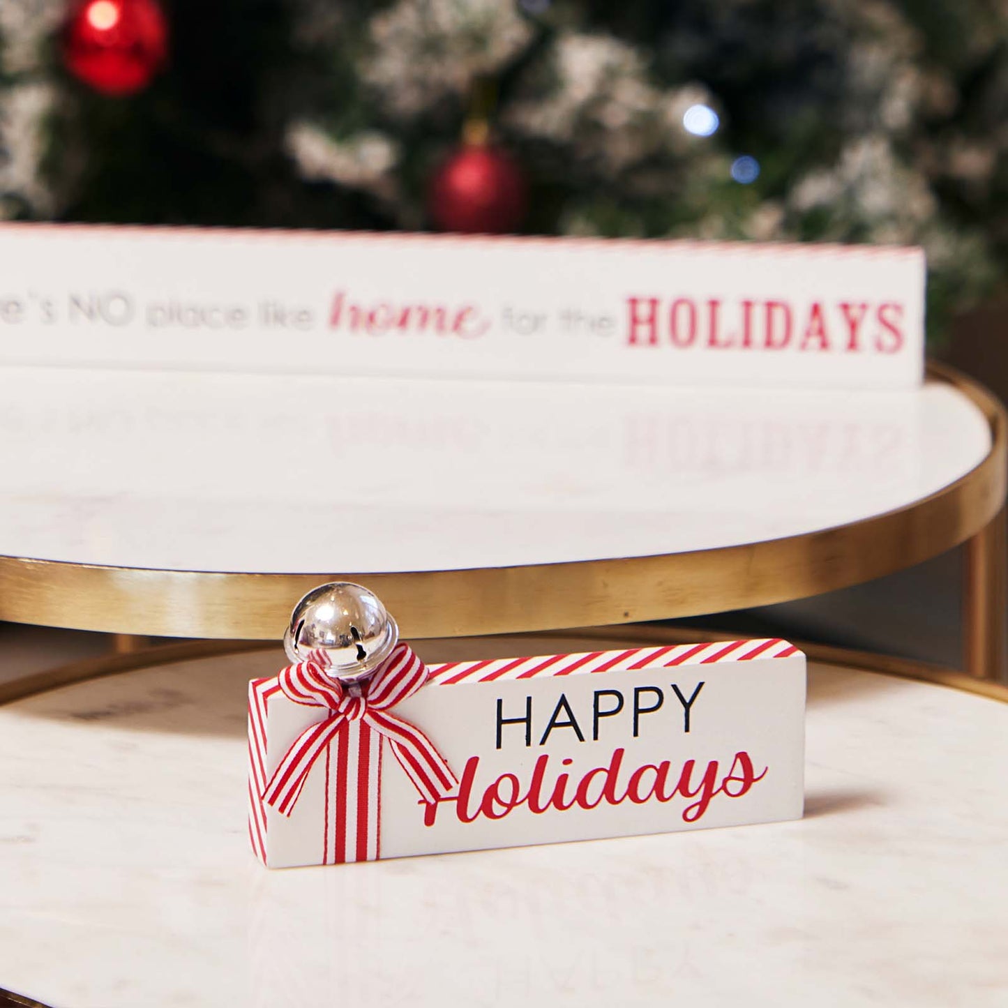 JX6320 | christmas decorations SML Wooden Christmas tabletop signs with bell and candy cane strip bows HAPPY Holidays 15x1.8x7CM