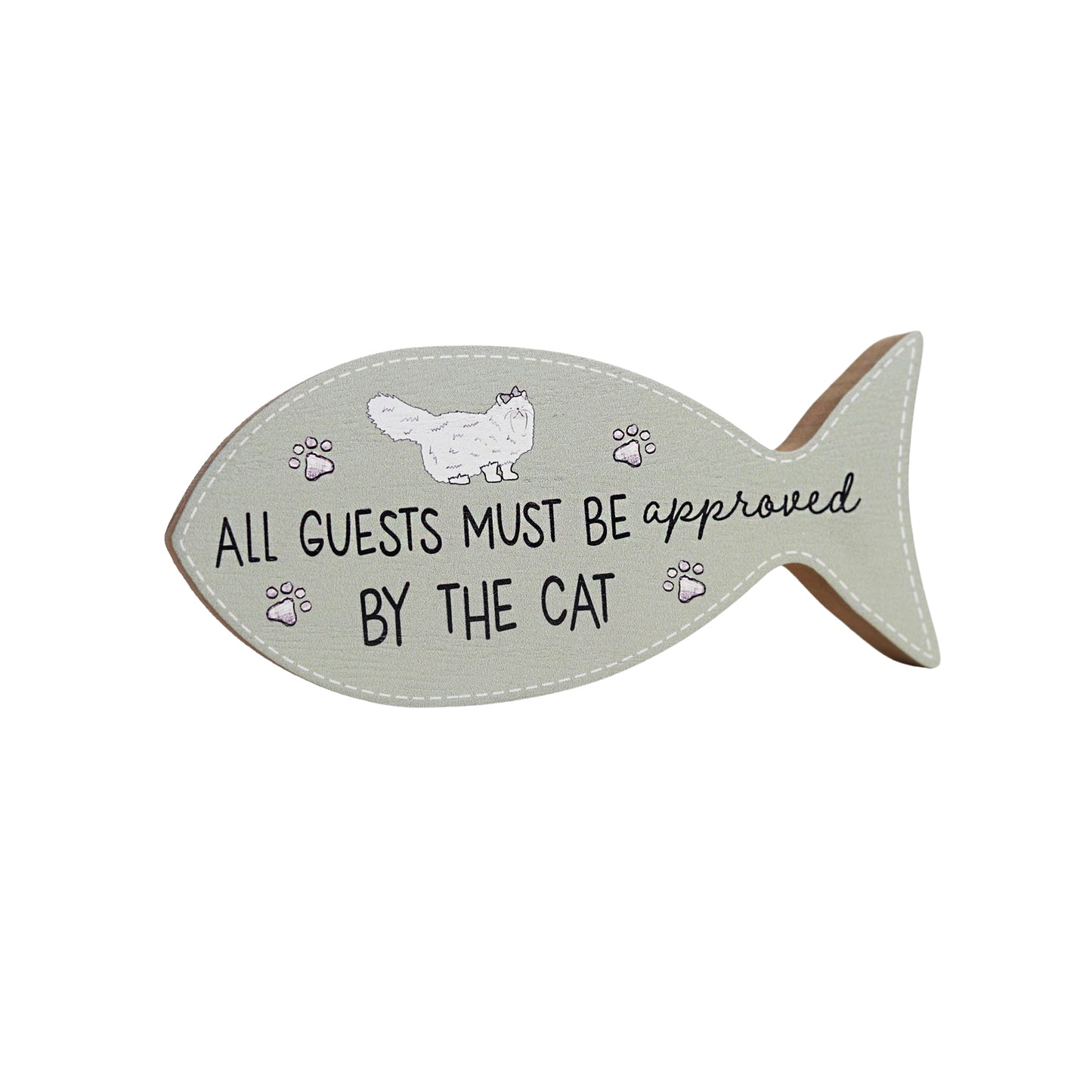 Beautiful green wooden fish-shaped decor featuring adorable cat patterns and heartwarming quotes, designed as a compact and thoughtful gift for cat lovers. Perfect for decorating shelves, tables, or any small cozy space in a cat-friendly home. 1