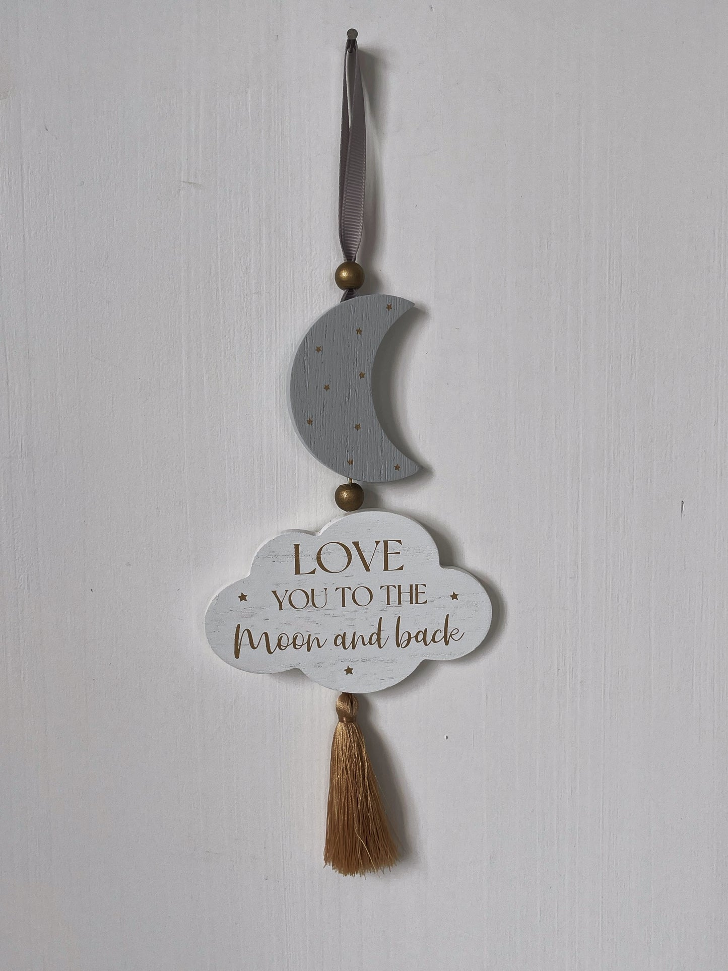 Beautiful wooden cloud-shaped hanging decor, room decor, ornament featuring star and moon accents with the heartfelt phrase 'Love You to the Moon and Back.' Perfect for nursery rooms, kids' spaces, or as a thoughtful gift for loved ones. 2
