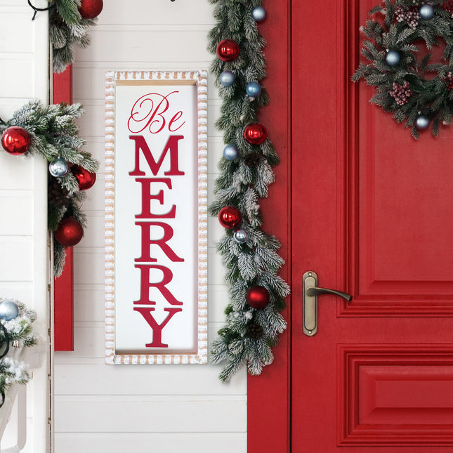 'Be Merry'  Wooden Decorations - White Rectangular Sign with Red Lettering