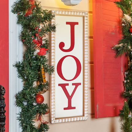 'Joy' Christmas Wooden Decorations - White Rectangular Sign with Red Lettering