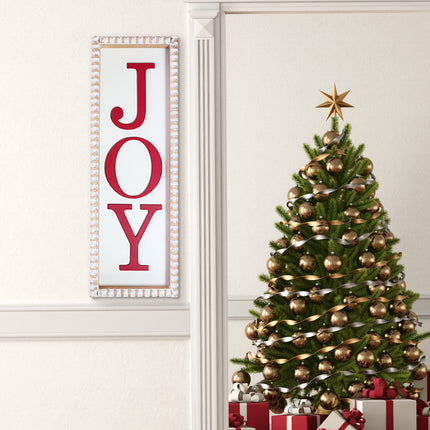 'Joy' Christmas Wooden Decorations - White Rectangular Sign with Red Lettering