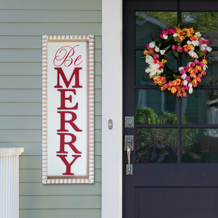 'Be Merry'  Wooden Decorations - White Rectangular Sign with Red Lettering