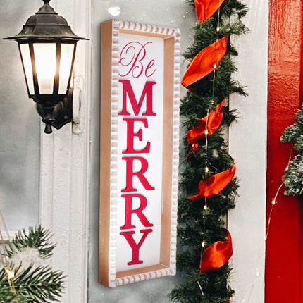 'Be Merry'  Wooden Decorations - White Rectangular Sign with Red Lettering