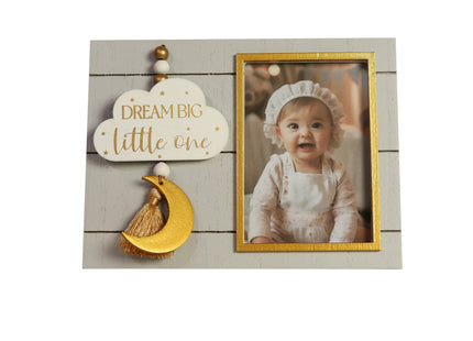 Charming 4x3 wooden baby photo frame featuring cloud, moon, and star decorations. A cute and versatile home decor piece, perfect for baby rooms or nurseries, and makes a thoughtful gift for new parents. 1
