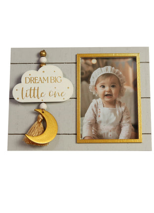 Charming 4x3 wooden baby photo frame featuring cloud, moon, and star decorations. A cute and versatile home decor piece, perfect for baby rooms or nurseries, and makes a thoughtful gift for new parents. 1
