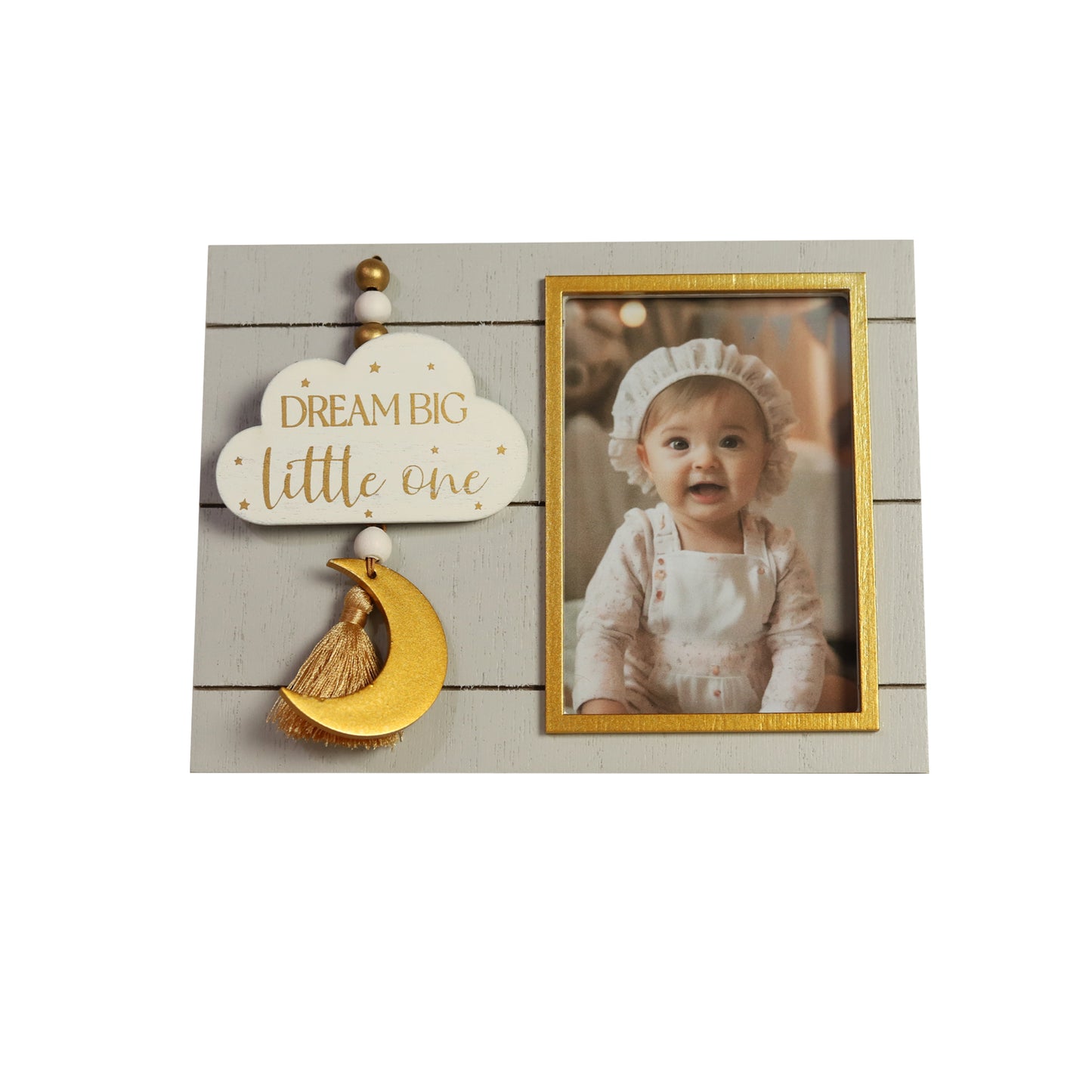 Charming 4x3 wooden baby photo frame featuring cloud, moon, and star decorations. A cute and versatile home decor piece, perfect for baby rooms or nurseries, and makes a thoughtful gift for new parents. 1
