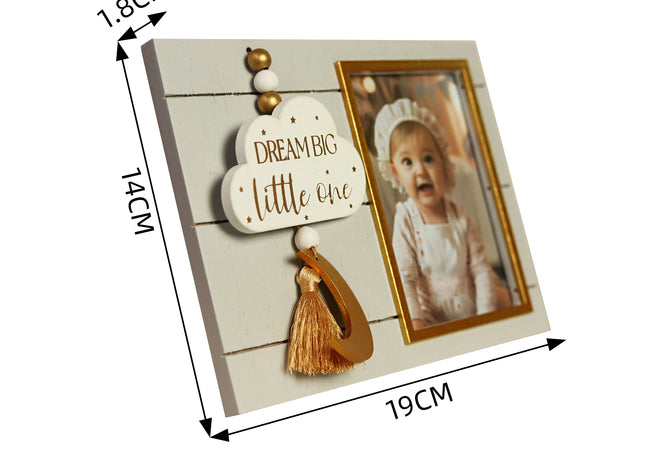 Charming 4x3 wooden baby photo frame featuring cloud, moon, and star decorations. A cute and versatile home decor piece, perfect for baby rooms or nurseries, and makes a thoughtful gift for new parents. 2
