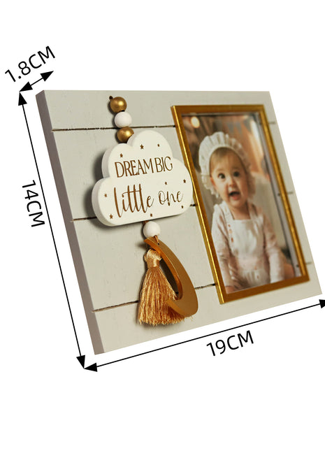 Charming 4x3 wooden baby photo frame featuring cloud, moon, and star decorations. A cute and versatile home decor piece, perfect for baby rooms or nurseries, and makes a thoughtful gift for new parents. 2
