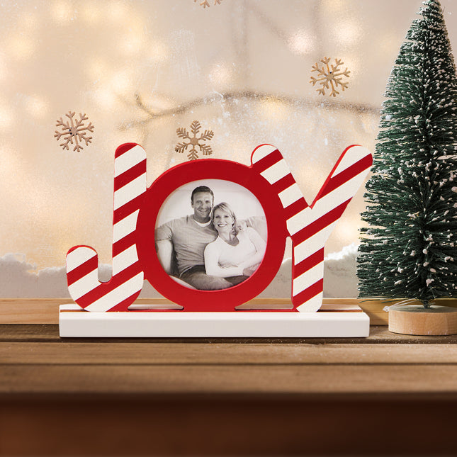 Christmas decorations  Wooden Red Christmas Photo Frame with 3D 'JOY' Design - Holds Circular Photos - Festive Holiday Decor