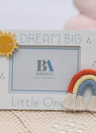 5x3.5 White wooden photo frame featuring cute cartoon sun and rainbow decorations. A charming and versatile home decor piece, perfect for adding a playful touch to any room or as a thoughtful gift. 1
