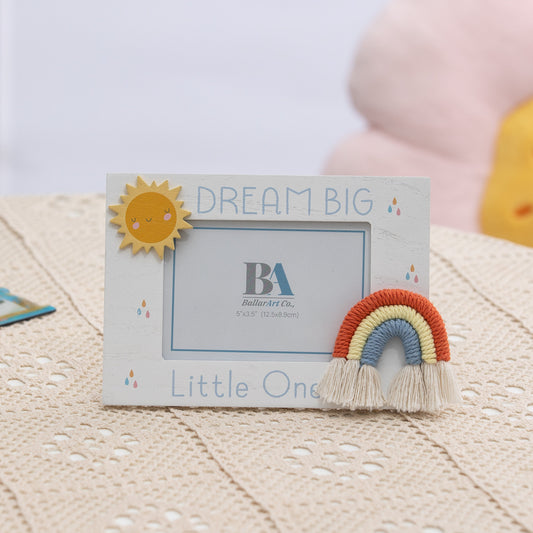 5x3.5 White wooden photo frame featuring cute cartoon sun and rainbow decorations. A charming and versatile home decor piece, perfect for adding a playful touch to any room or as a thoughtful gift. 1
