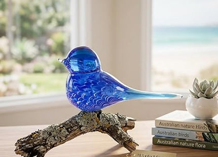 Blue Wren Hand Blown Glass Bird Statue Sculptrue - Australian Native Animal Glass Decor