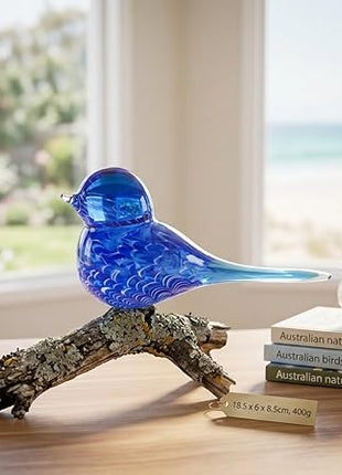 Blue Wren Hand Blown Glass Bird Statue Sculptrue - Australian Native Animal Glass Decor