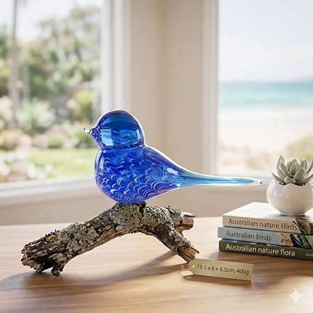 Blue Wren Hand Blown Glass Bird Statue Sculptrue - Australian Native Animal Glass Decor
