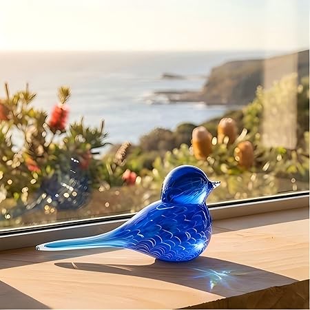 Blue Wren Hand Blown Glass Bird Statue Sculptrue - Australian Native Animal Glass Decor