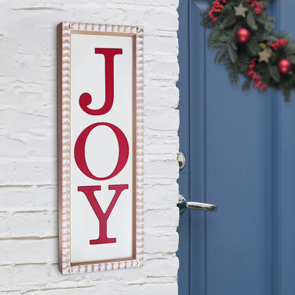 'Joy' Christmas Wooden Decorations - White Rectangular Sign with Red Lettering
