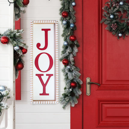 'Joy' Christmas Wooden Decorations - White Rectangular Sign with Red Lettering