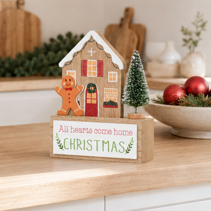 Wooden Christmas House Tabletop Decor With Gingerbread Man & Xmas