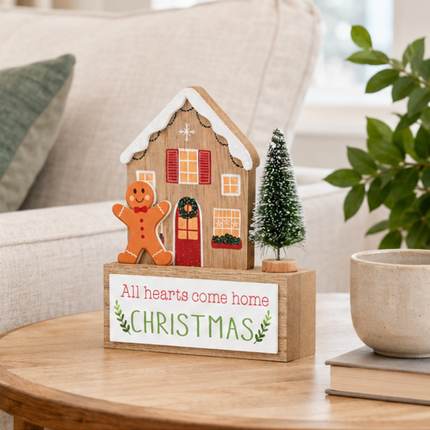 Wooden Christmas House Tabletop Decor With Gingerbread Man & Xmas