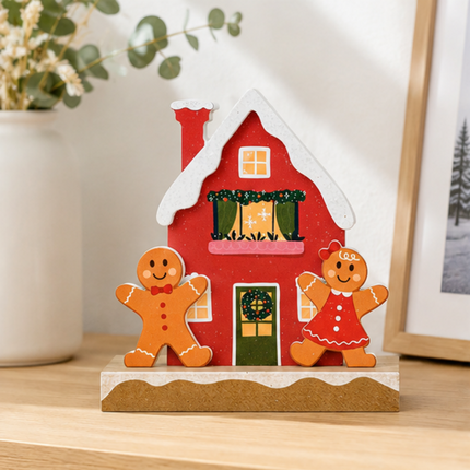 Wooden Christmas House Tabletop Decor With Gingerbread figures