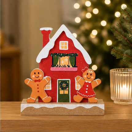 Wooden Christmas House Tabletop Decor With Gingerbread figures