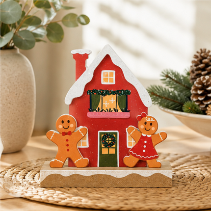 Wooden Christmas House Tabletop Decor With Gingerbread figures