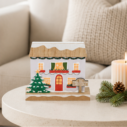 Wooden Christmas House Tabletop Decor With Xmas Tree
