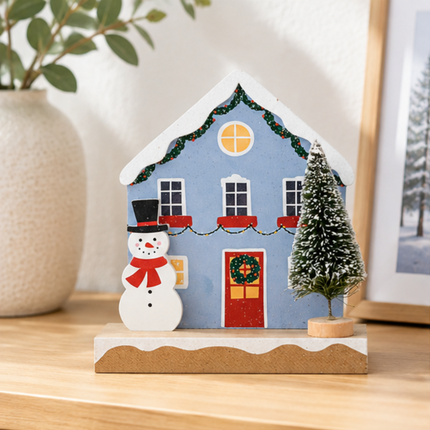Wooden Christmas House Tabletop Decor With Snowman & Pine