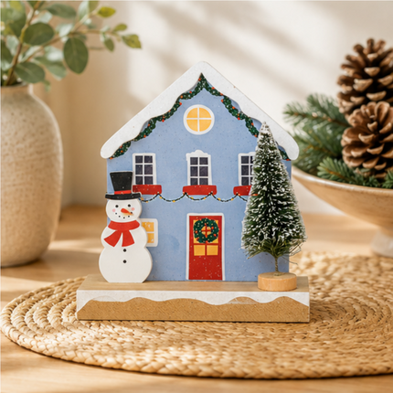 Wooden Christmas House Tabletop Decor With Snowman & Pine