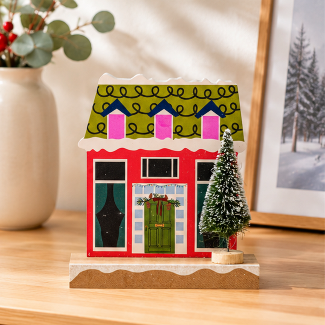 Wooden Christmas House Tabletop Decor With Wreath Door