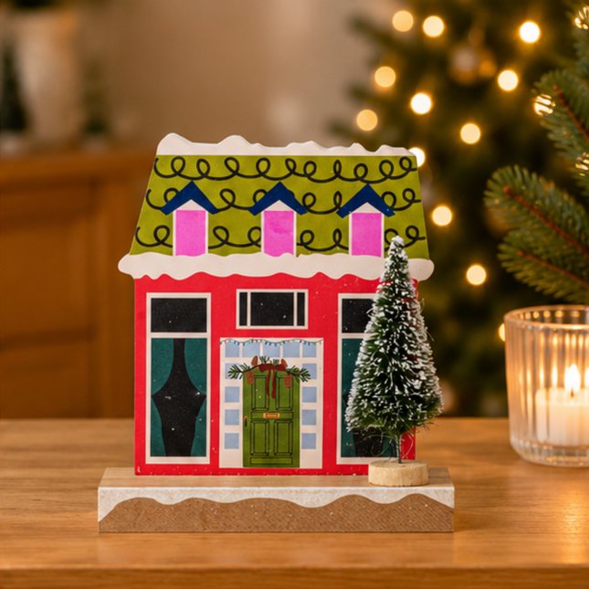 Wooden Christmas House Tabletop Decor With Wreath Door