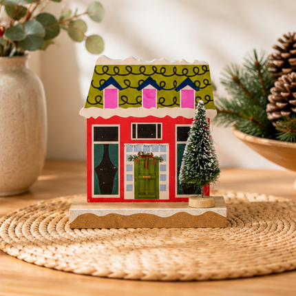 Wooden Christmas House Tabletop Decor With Wreath Door