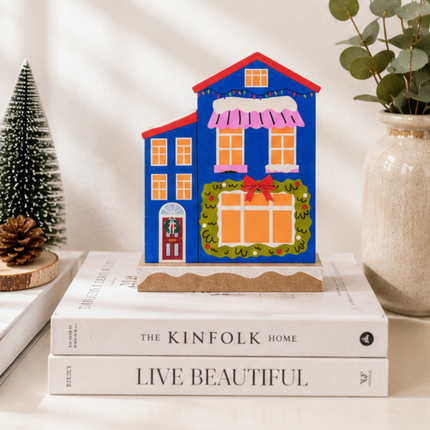 Wooden Christmas House Tabletop Decor With Green Garland