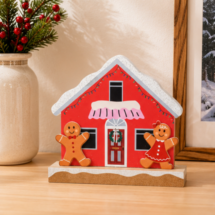 Wooden Christmas House Tabletop Decor With Double Gingerbread