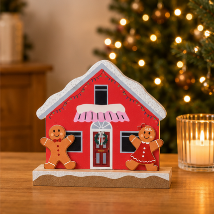 Wooden Christmas House Tabletop Decor With Double Gingerbread