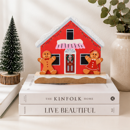 Wooden Christmas House Tabletop Decor With Double Gingerbread