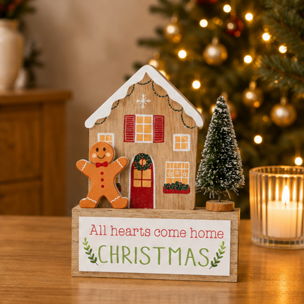 Wooden Christmas House Tabletop Decor With Gingerbread Man & Xmas