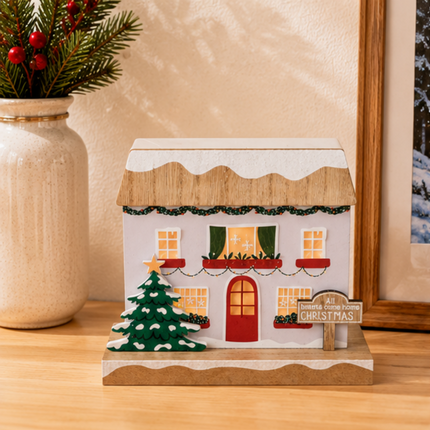 Wooden Christmas House Tabletop Decor With Xmas Tree