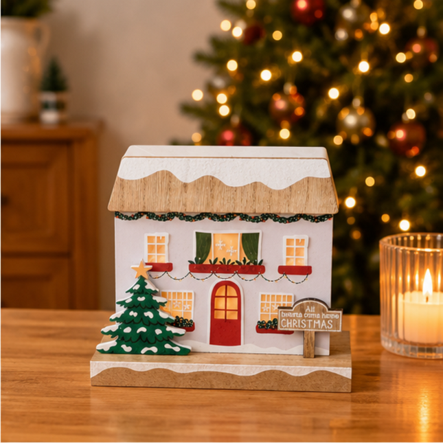 Wooden Christmas House Tabletop Decor With Xmas Tree