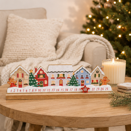 Wooden Christmas House Advent Calendar With Star Marker