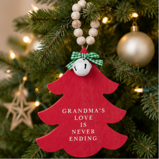 Red Wooden Christmas Tree Hanging Decor With Wood Beads & Bell - Grandma's love