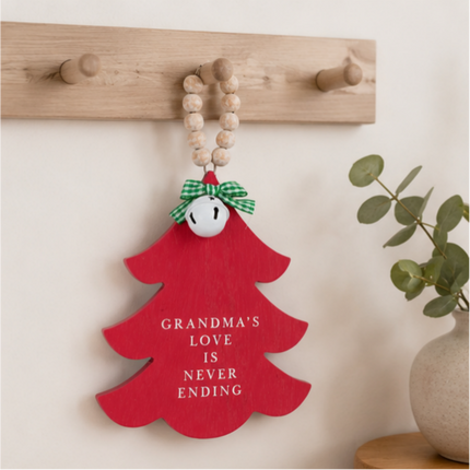 Red Wooden Christmas Tree Hanging Decor With Wood Beads & Bell - Grandma's love