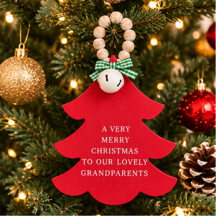 Red Wooden Christmas Tree Hanging Decor With Wood Beads & Bell - For grandparents