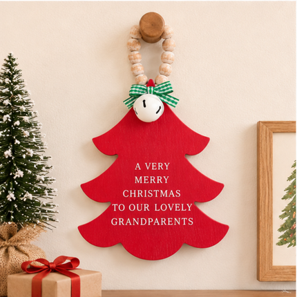 Red Wooden Christmas Tree Hanging Decor With Wood Beads & Bell - For grandparents