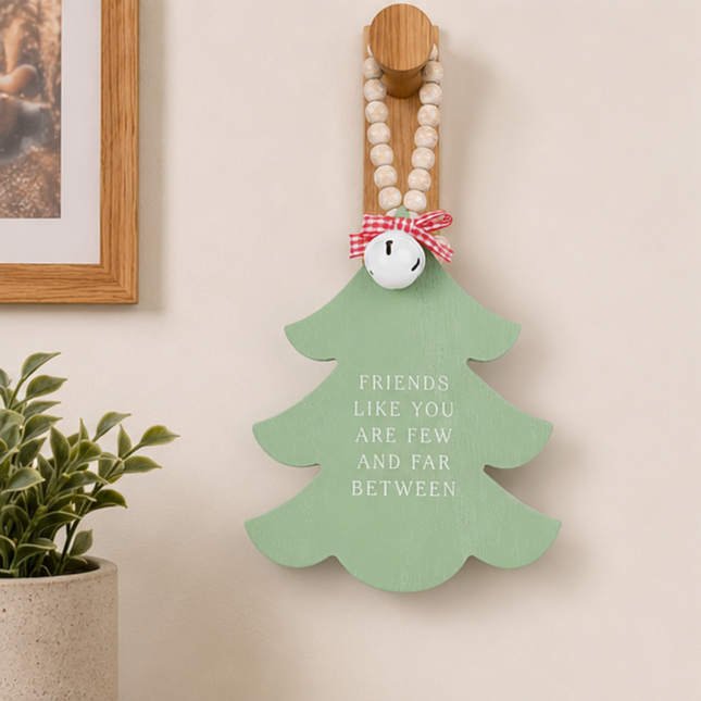 Green Wooden Christmas Tree Hanging Decor With Wood Beads & Bell - For friends