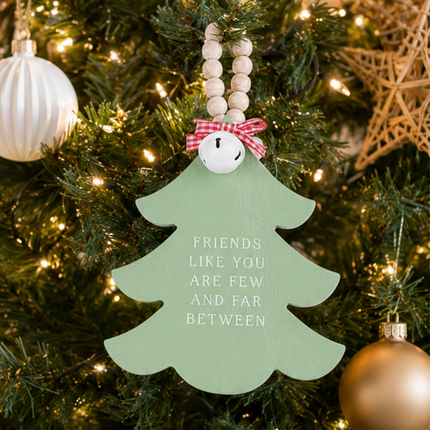 Green Wooden Christmas Tree Hanging Decor With Wood Beads & Bell - For friends