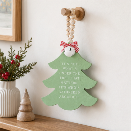 Green Wooden Christmas Tree Hanging Decor With Wood Beads & Bell - For family